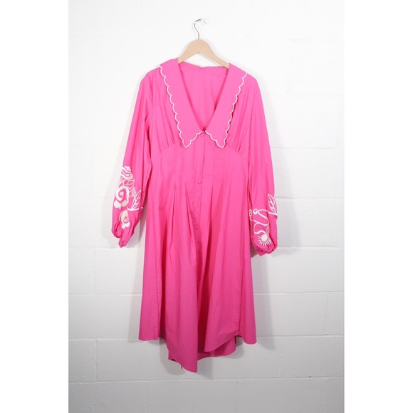 SHEIN Dresses & Skirts - SHEIN Midi Dress Women Large Pink Scallop Collar Floral Embroidery Puff Sleeve